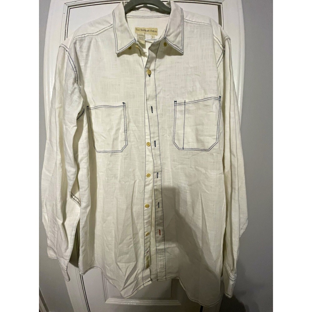 The Territory Ahead White Solid Woven Cotton LS Button-Up Shirt L Pockets